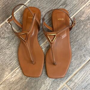 Mango Brown Leather T-strap Sandals, Size 38/US 7.5, Summer Classic